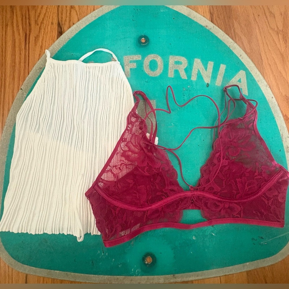Free People Strappy Lot (x2) Lace Cut Out Bra Burgundy and White Strappy Top
